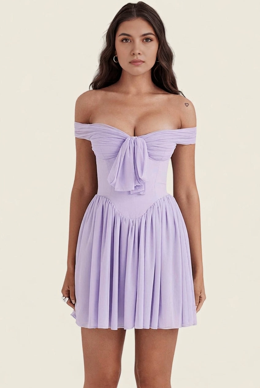 Off Shoulder Bow Front Corset Flare Mini Dress
