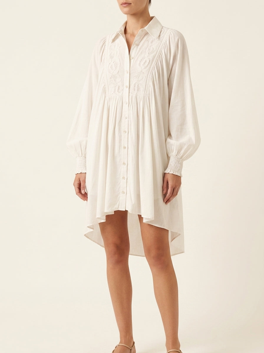Lace Trim Long Sleeve High Low Shirt Dress