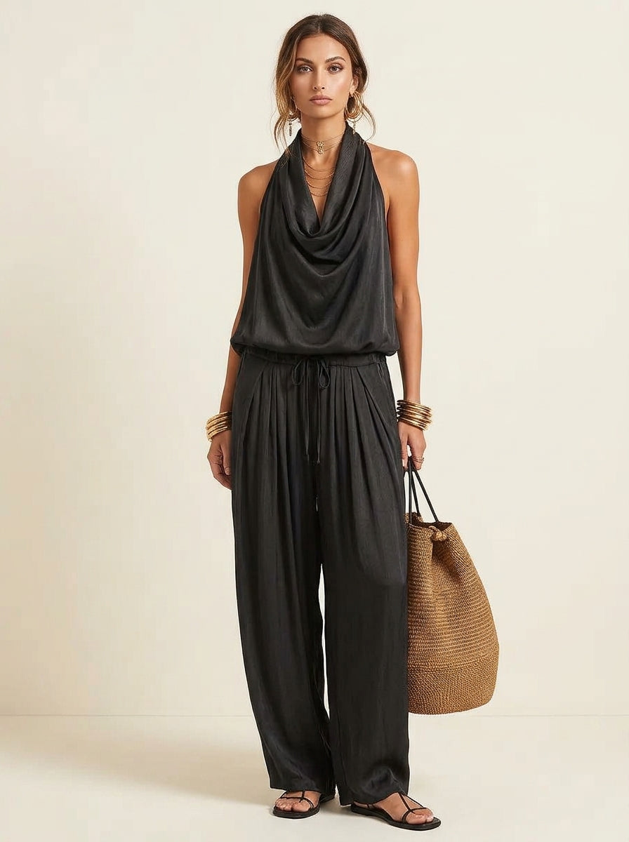 Cowl Neck Halter Top and Drawstring Wide Leg Pants Two Piece Set