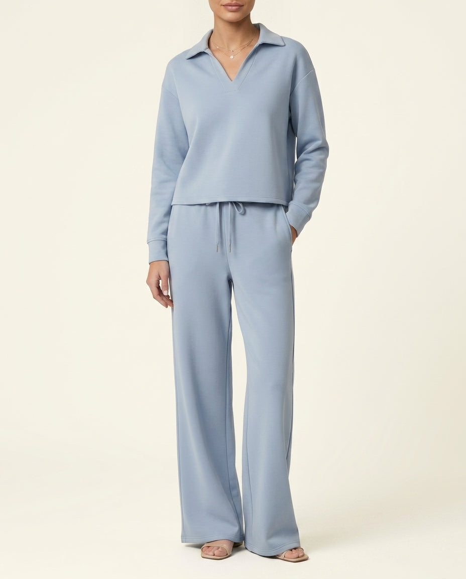 Collared Sweatshirt Top and Wide Leg Pants Two Piece Set