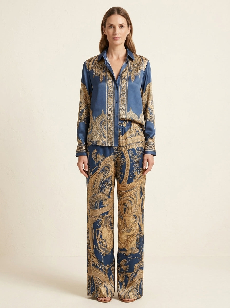 Baroque Print Long Sleeve Shirt and Wide Leg Pants Two Piece Set