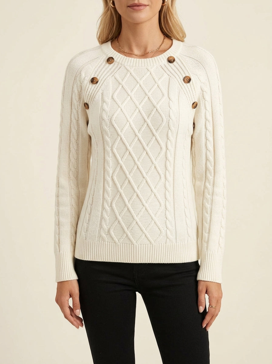 Crew Neck Button Detail Cable Knit Sweater