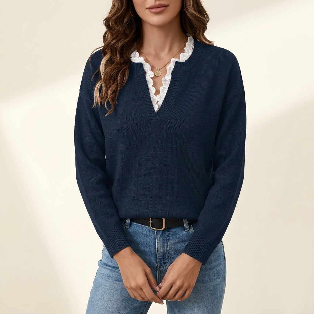 Lace Trim Split V-Neck Long Sleeve Sweater