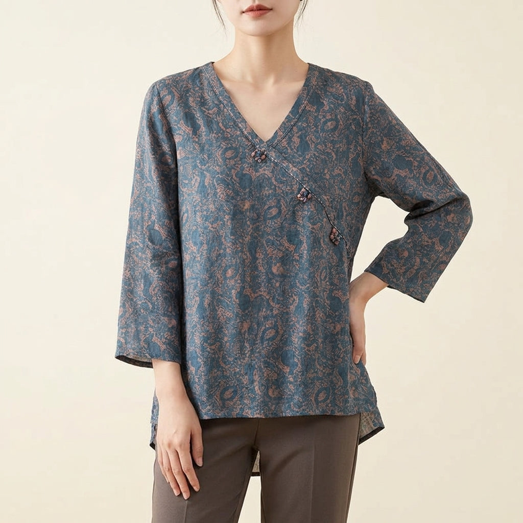 Paisley Print V-Neck Long Sleeve Frog Button Tunic Top