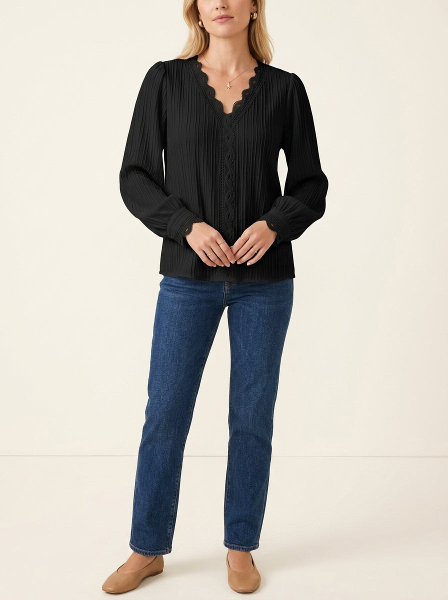 V-Neck Lace Trim Long Sleeve Pleated Blouse