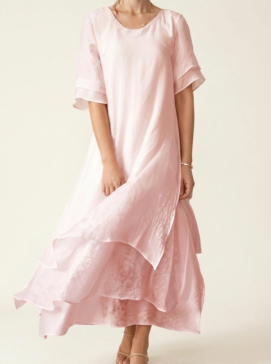 Round Neck Short Sleeve Layered Tiered Maxi Dress