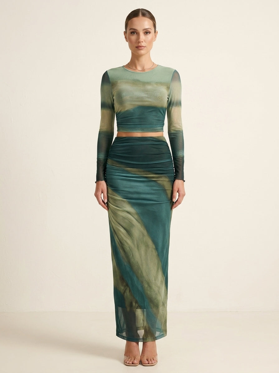 Abstract Print Long Sleeve Crop Top and Ruched Maxi Skirt Two Piece Set