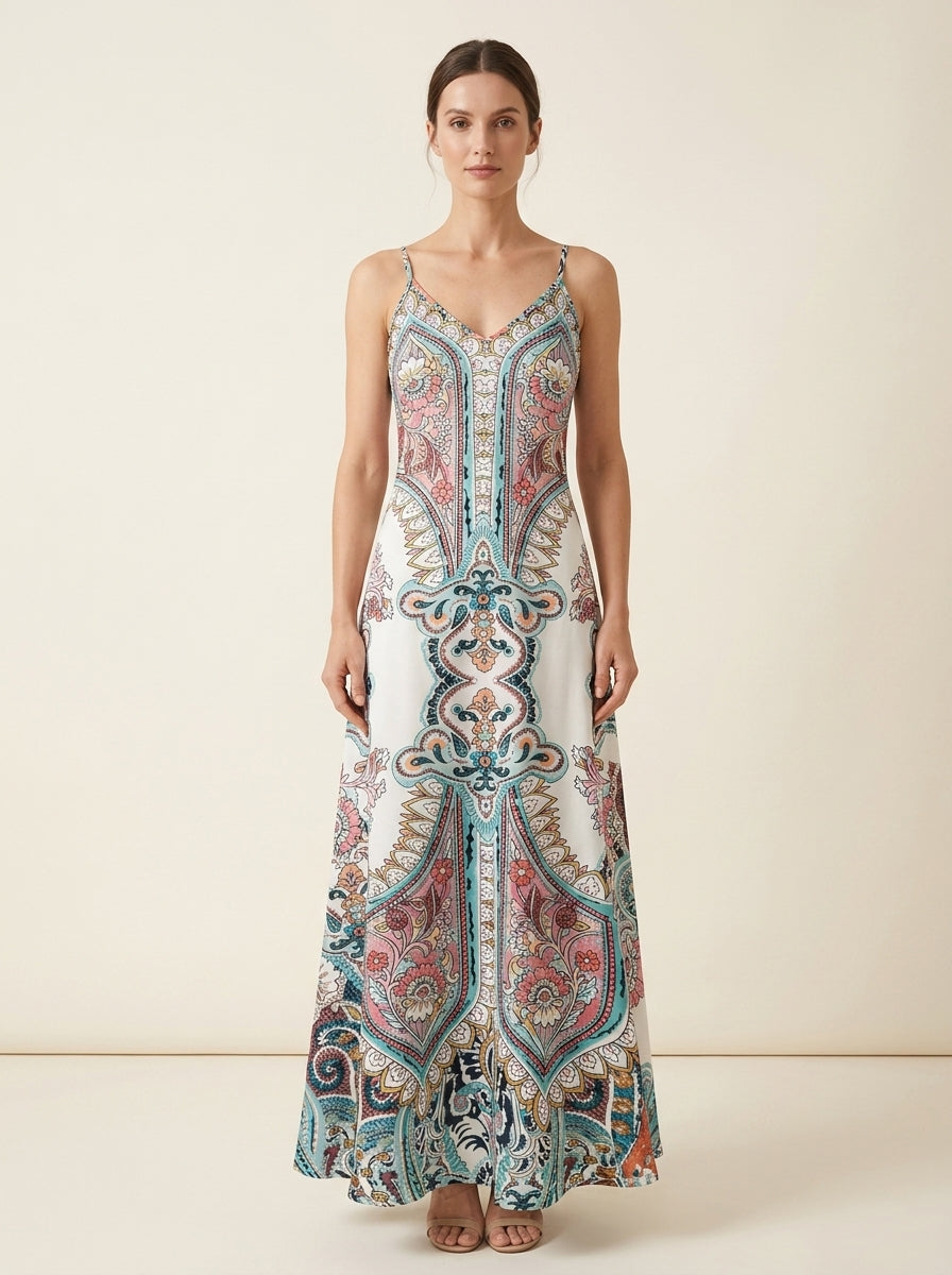 Paisley Print V-Neck Slip Maxi Dress