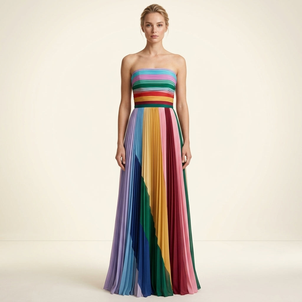 Strapless Striped Pleated Maxi Gown