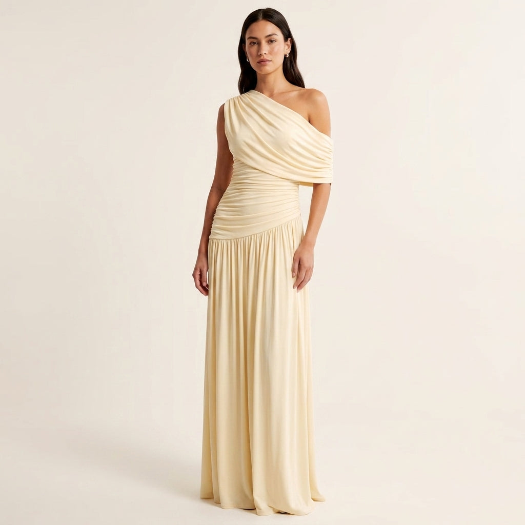 One Shoulder Draped Ruched Maxi Gown