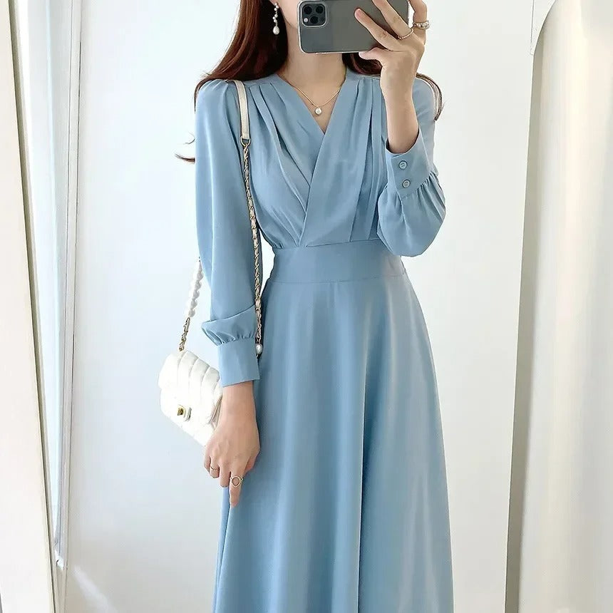 Surplice V-Neck Long Sleeve Button Cuff Waistband A-Line Midi Dress