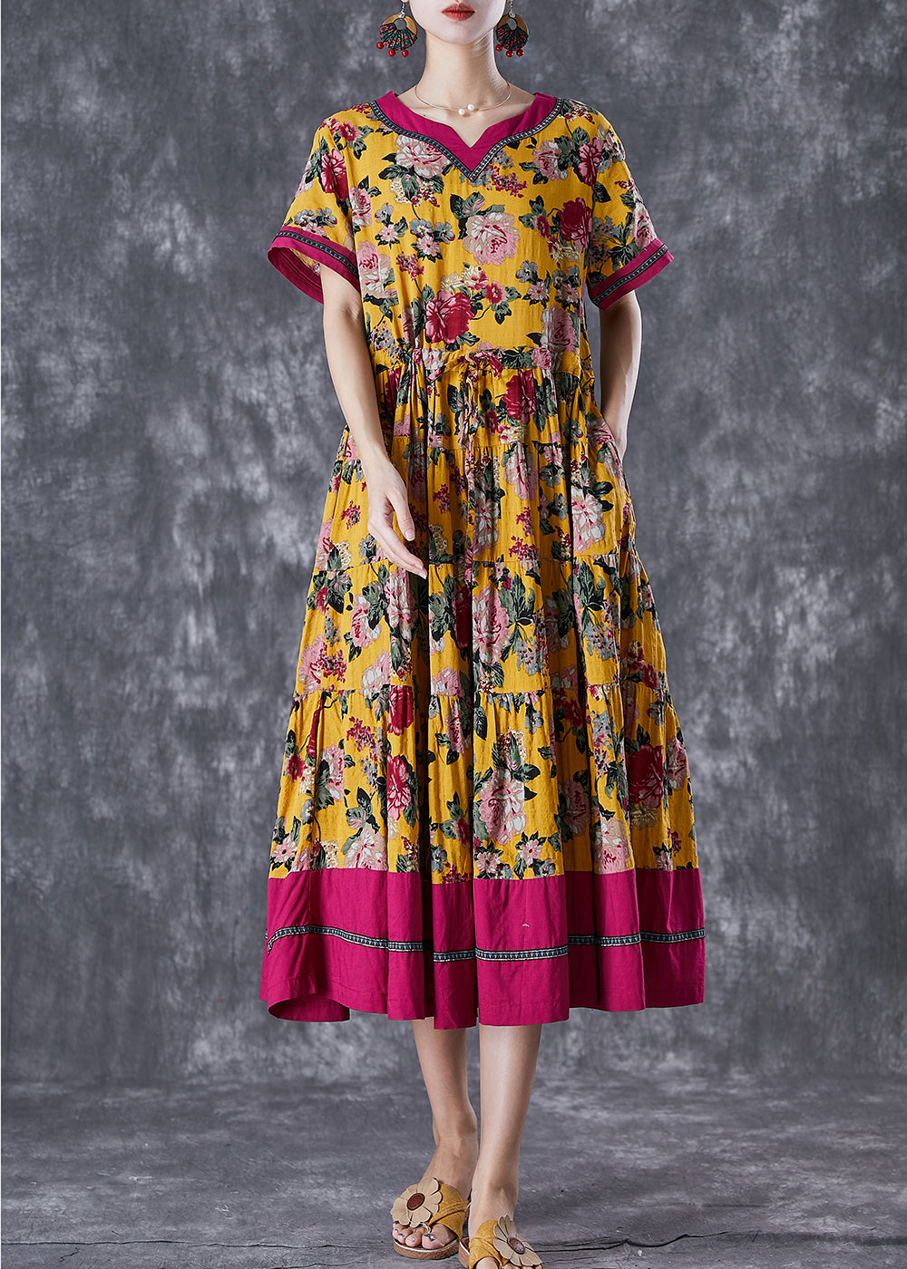 Floral Print V-Neck Contrast Trim Short Sleeve Midi Dress - View 2