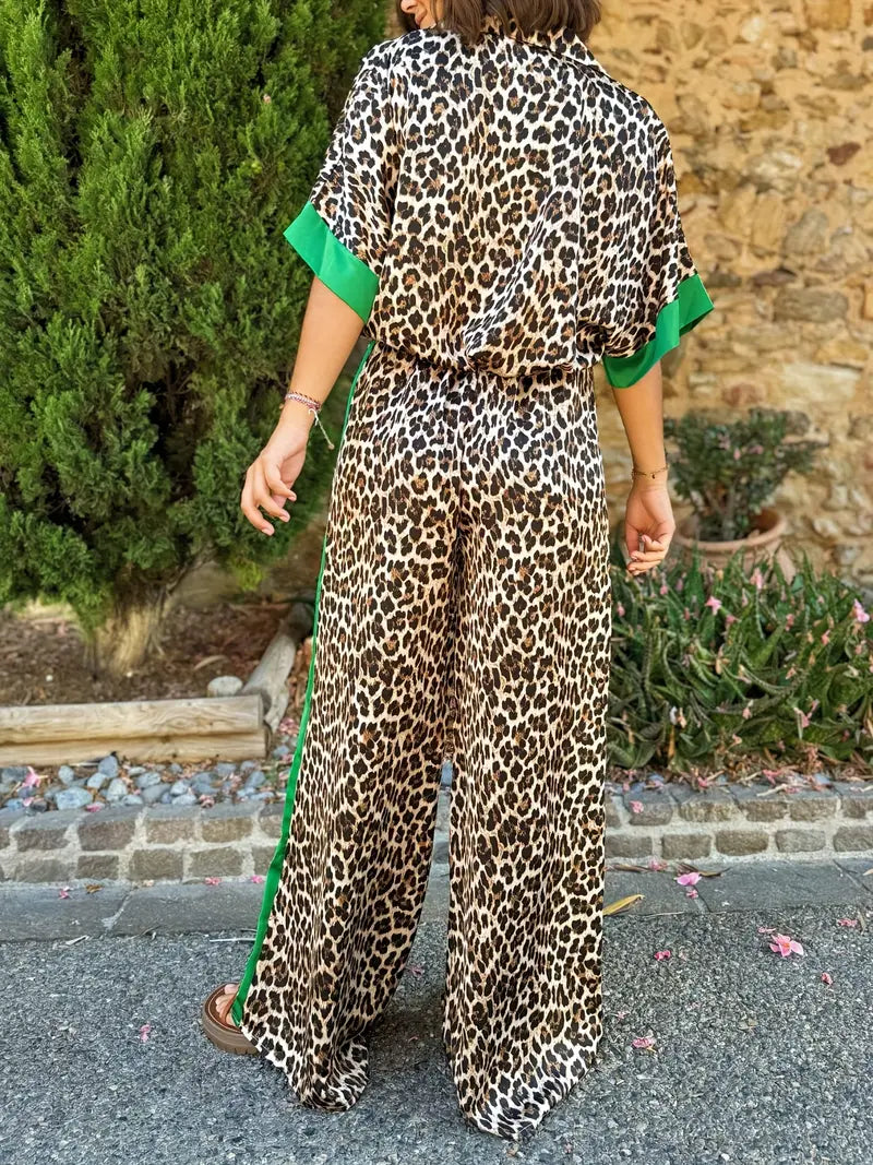 Leopard Print Contrast Trim Shirt and Wide Leg Pants Two Piece Set 5