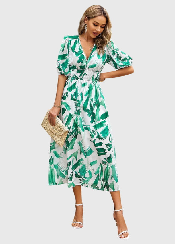 Floral Print Deep V-Neck Puff Sleeve High Waist Maxi Dress 9