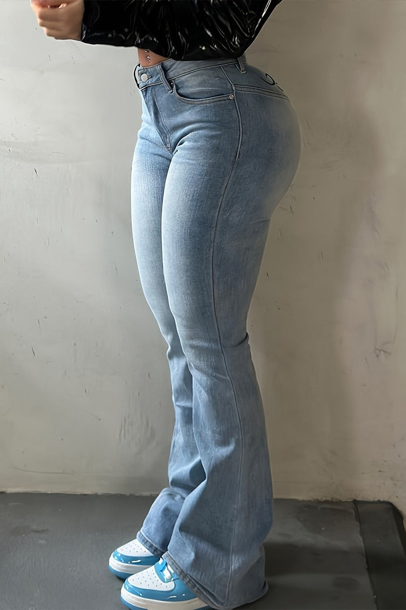 Low-Rise Vintage Washed Flared Denim Jeans