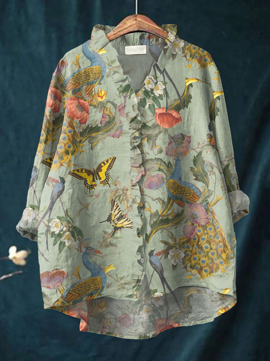 Floral Bird Print Collared Button Up Shirt 2