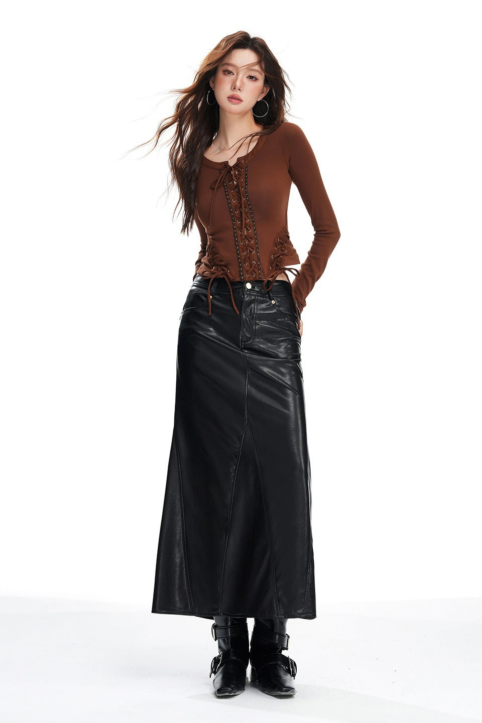 High Waist PU Back Slit Pencil Skirt