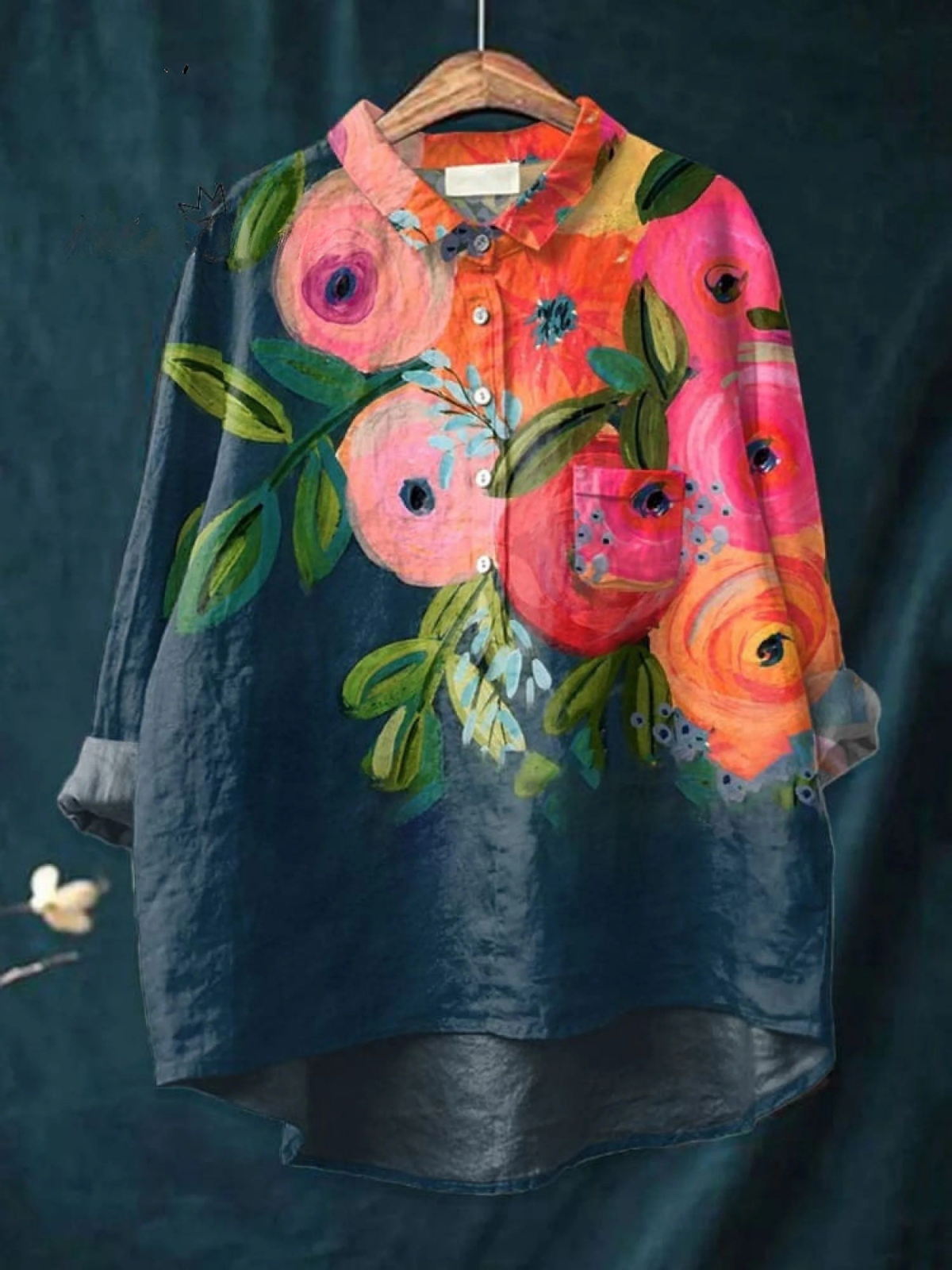 Floral Art Print Collared Long Sleeve Button Down Shirt