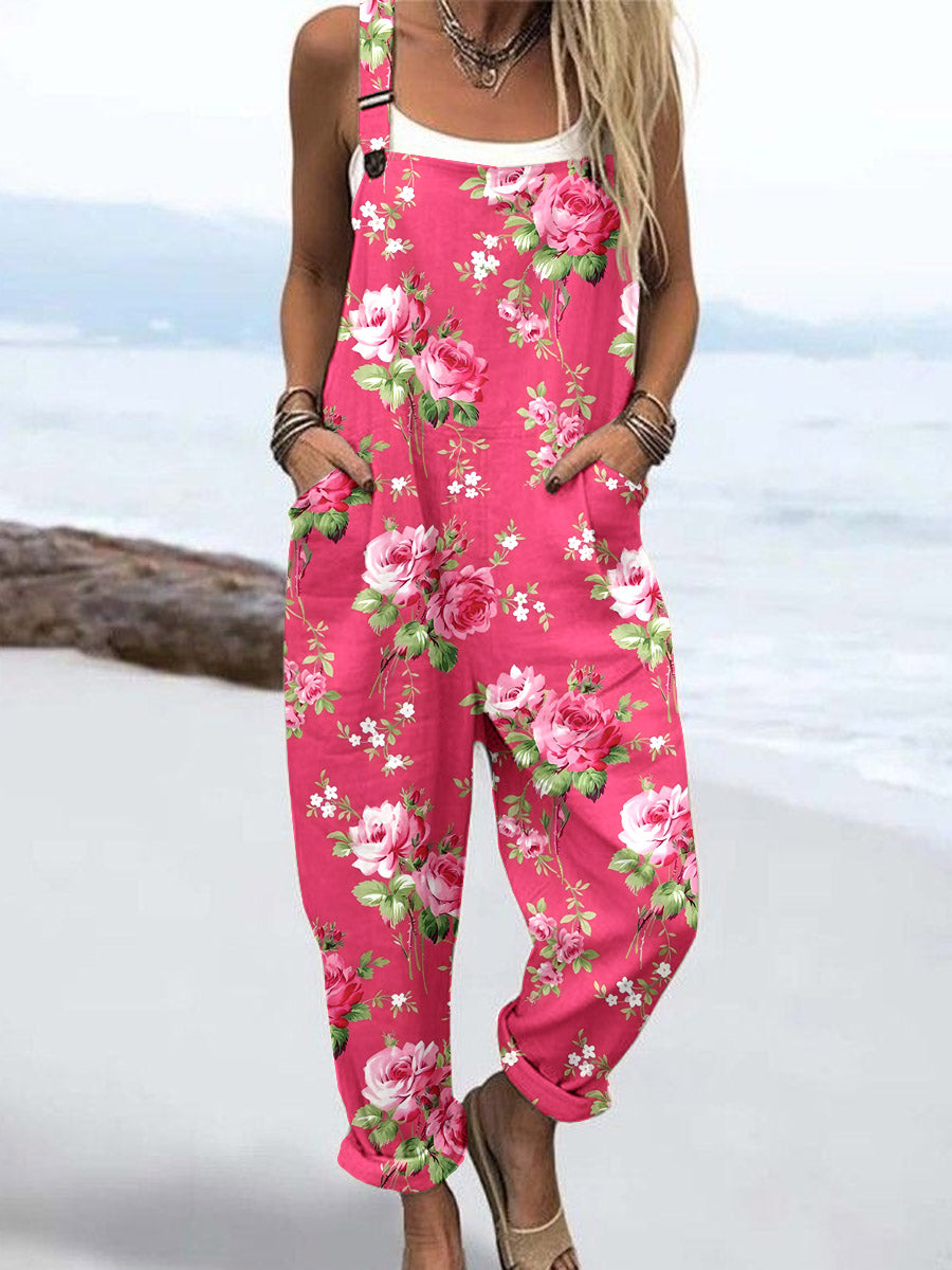 Rose Floral Print Sleeveless Overall Jumpsuit