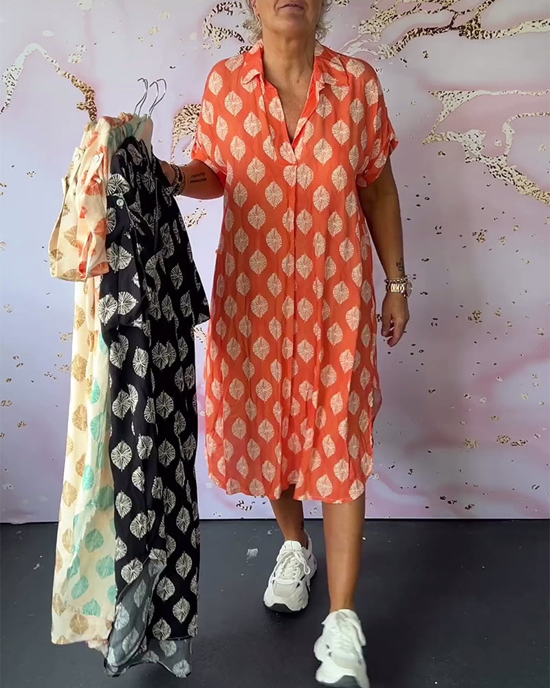 Geometric Print Short Sleeve Lapel Collar Midi Shirt Dress