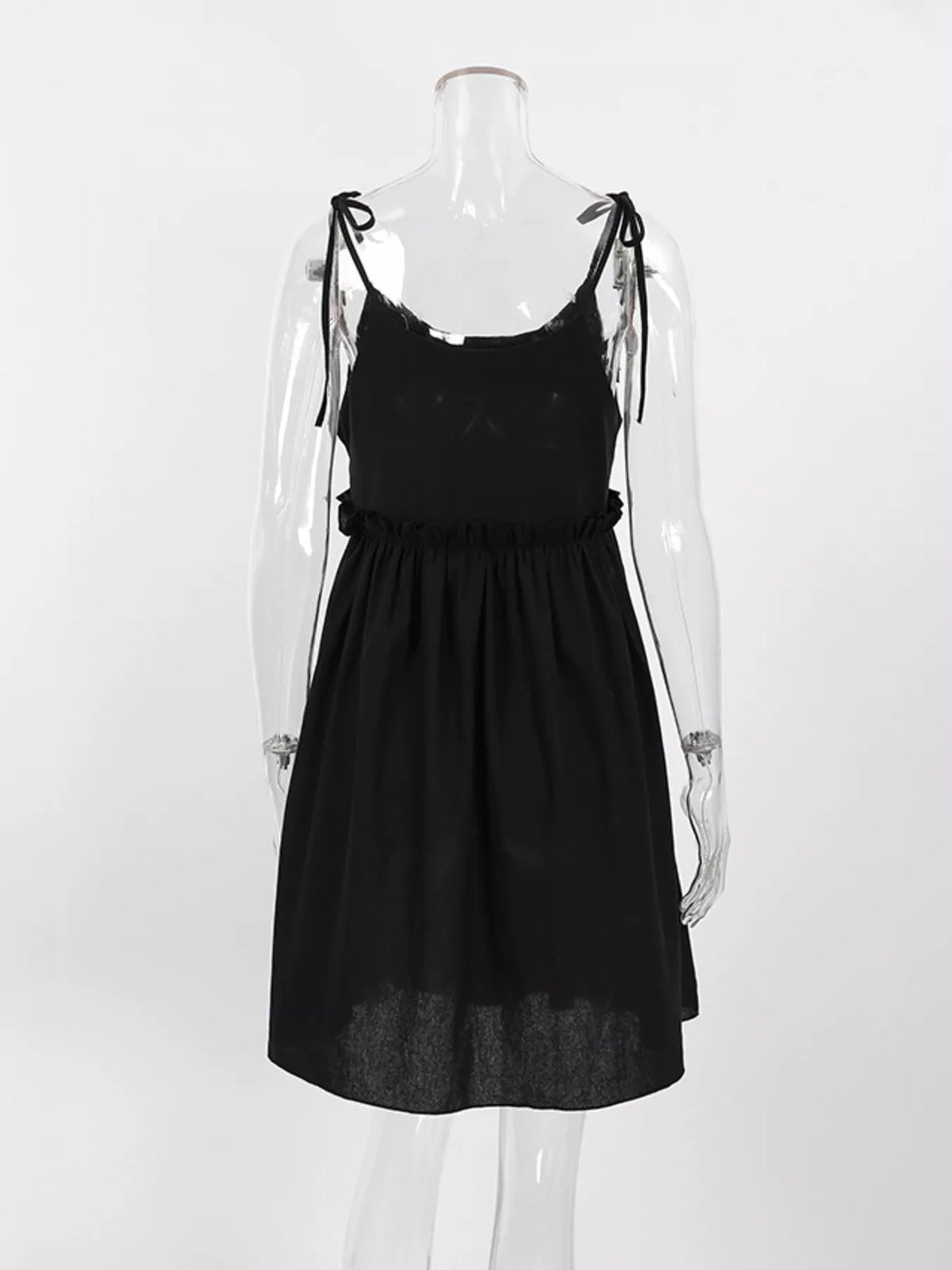 Tie Strap Scoop Neck Ruffle Waist Linen Look Mini Dress 24