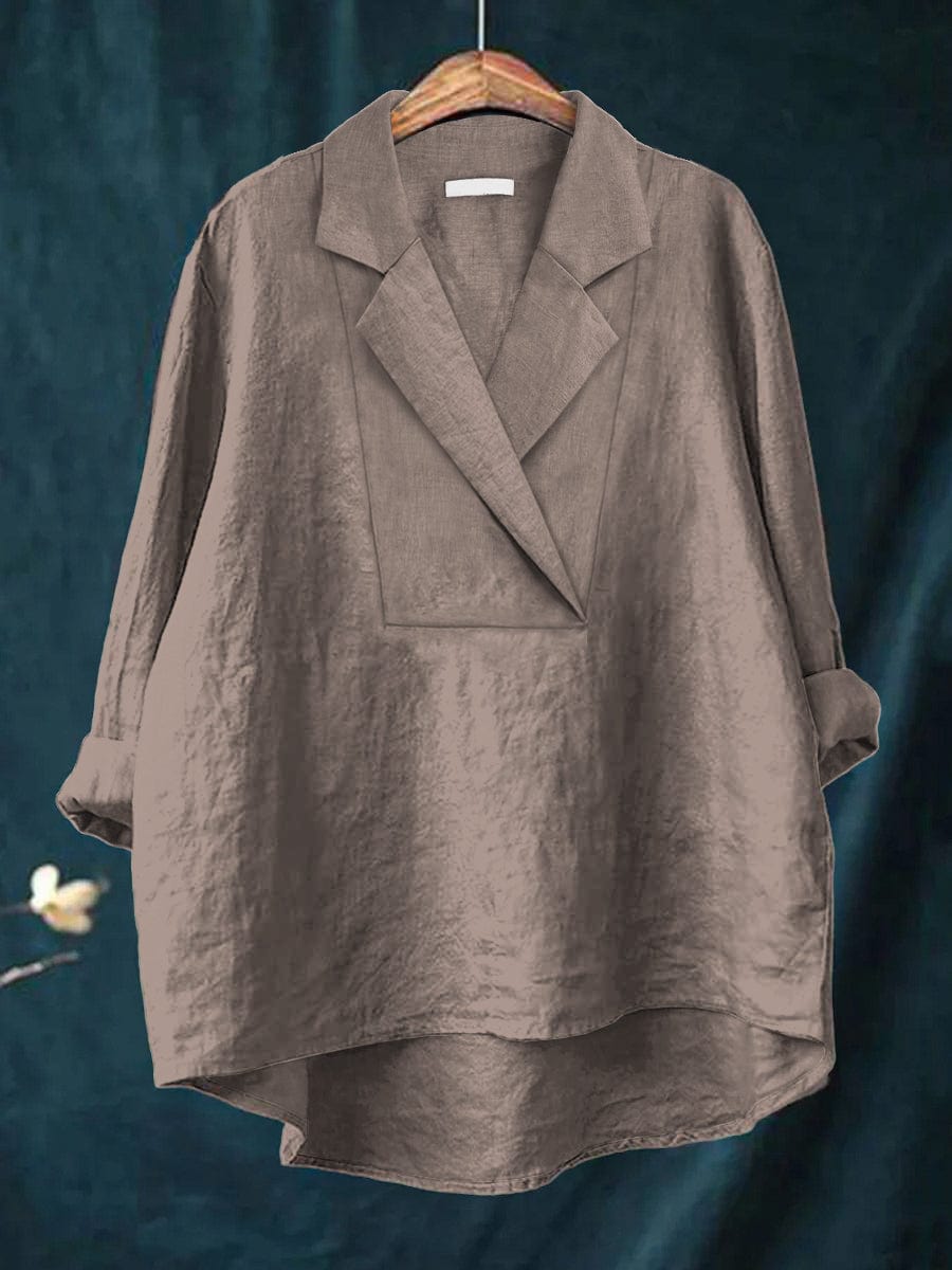 Notch Lapel V-Neck Long Sleeve Linen Look Blouse 5