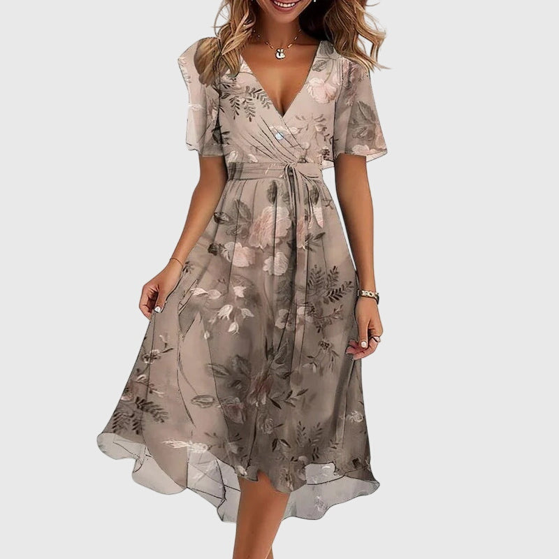 Floral Print V-Neck Flutter Sleeve Handkerchief Hem Midi Dress 5