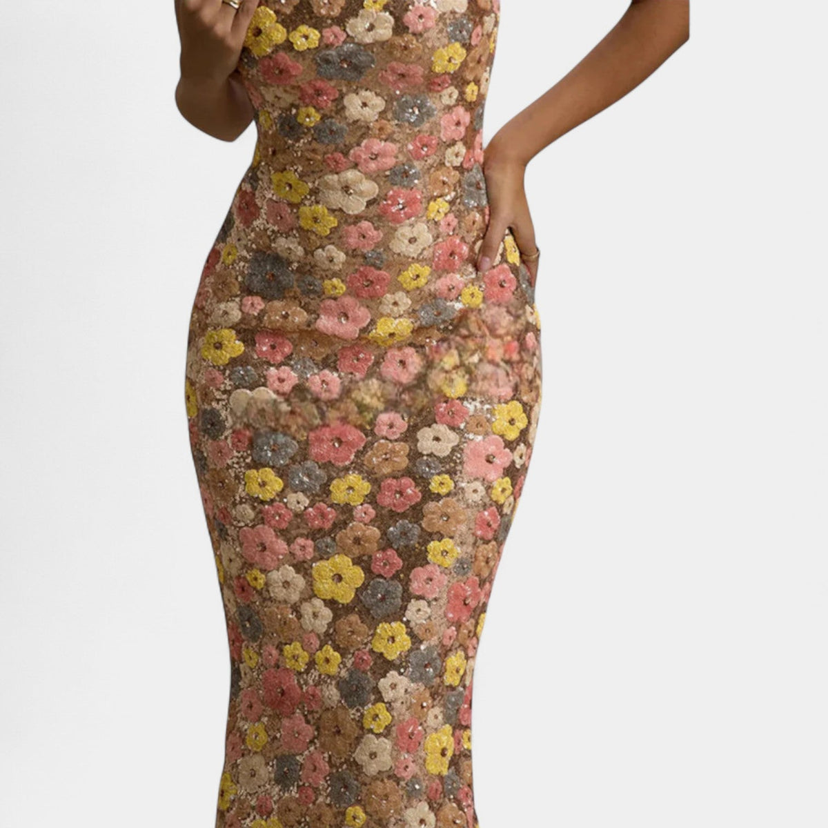 Floral Sequin Square Neck Spaghetti Strap Bodycon Maxi Dress 4