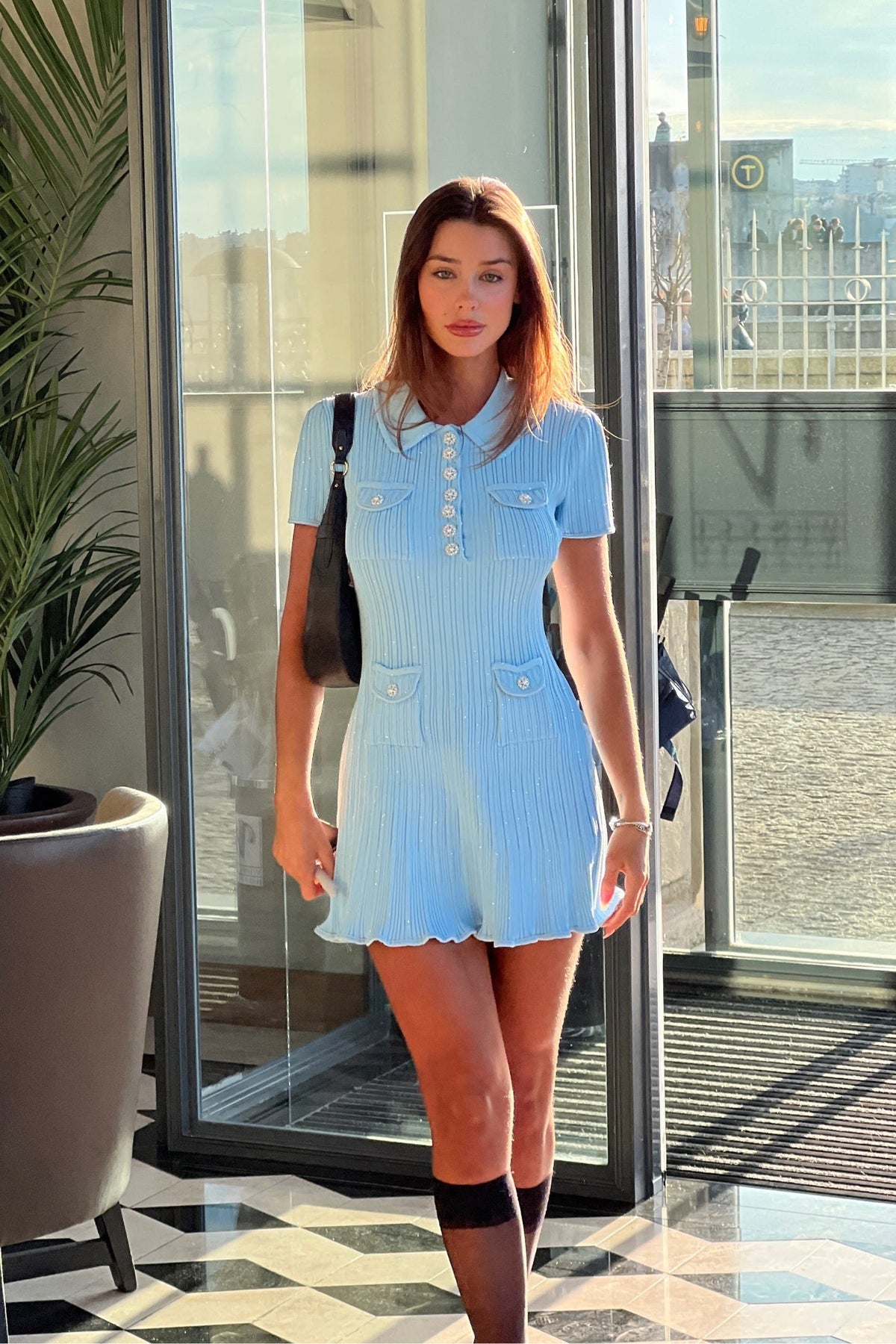 Ribbed Knit Sequin Jewel Button Collar Patch Pocket Ruffle Hem Short Sleeve Mini Dress - View 12