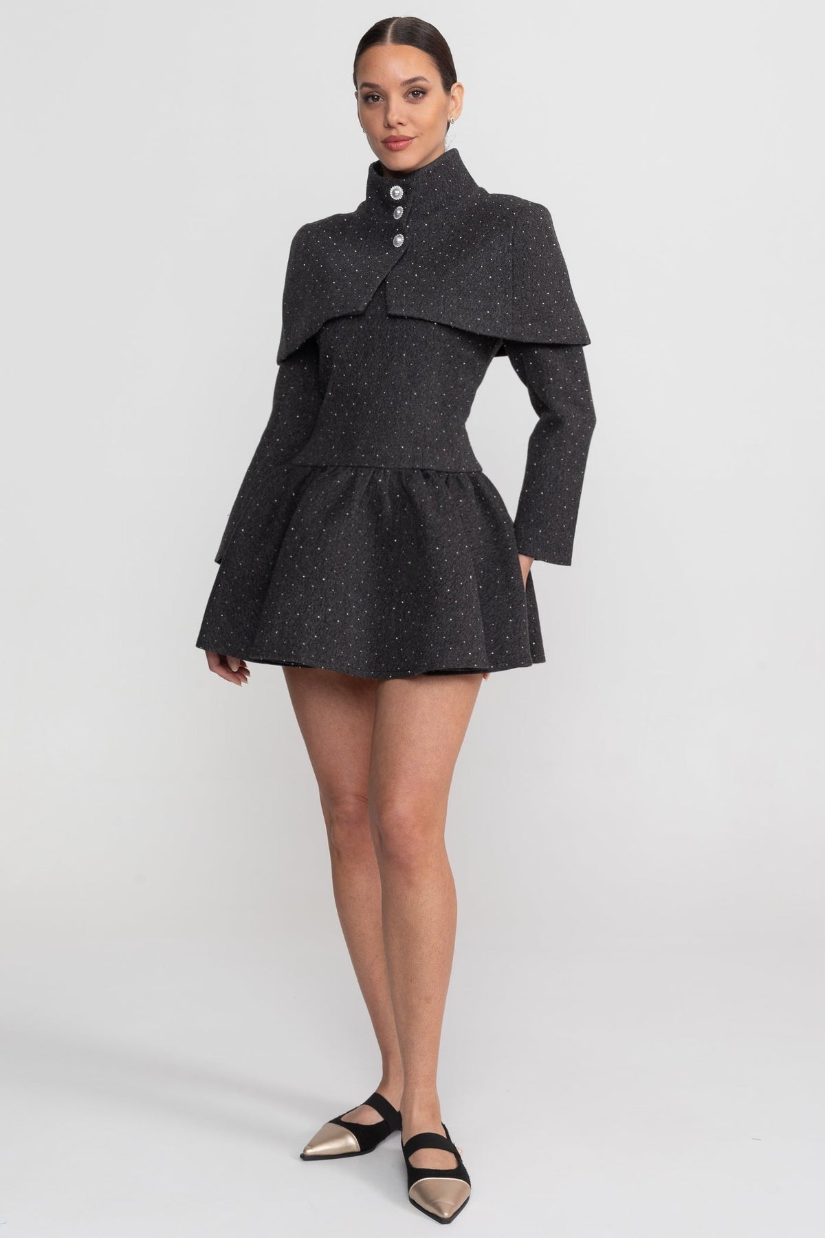Long Sleeve Mini Dress With Detachable Cape Overlay - Charcoal - View 5