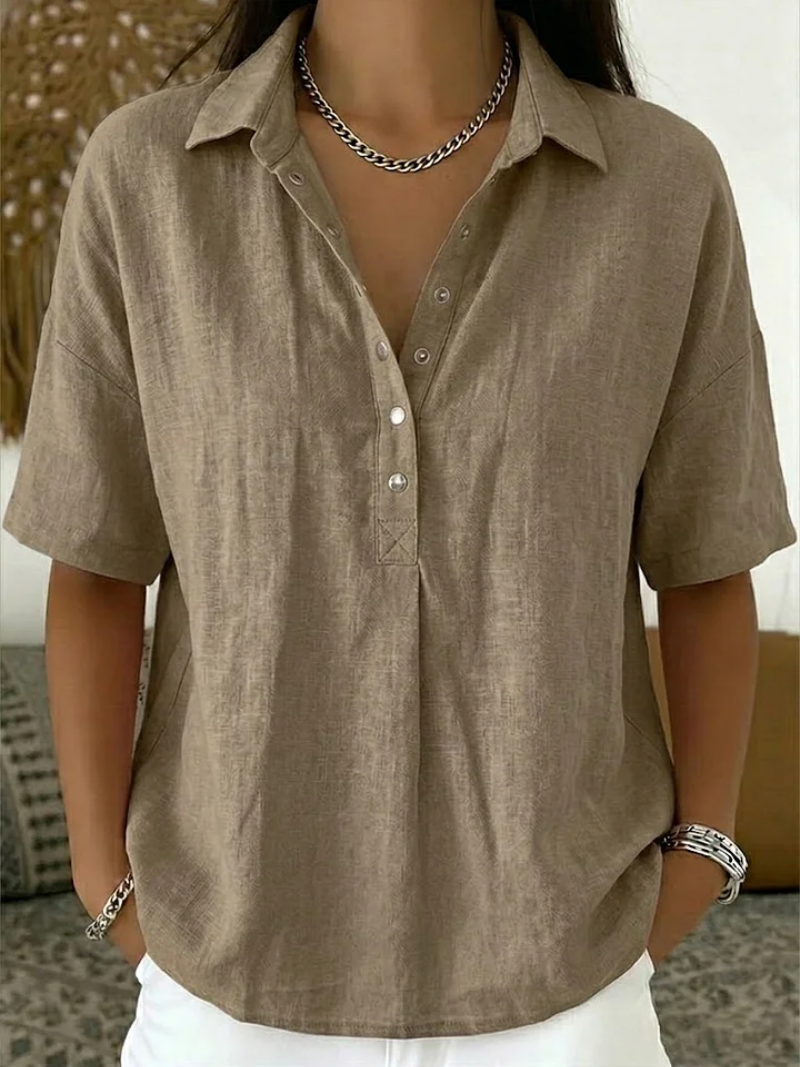 Collared Short Sleeve Half Button Linen Look Blouse