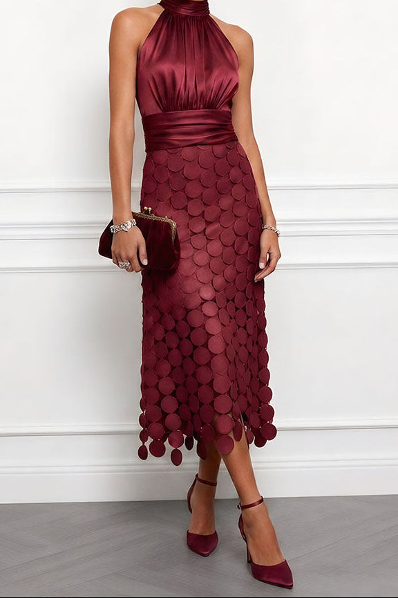 Halter Neck Ruched Laser Cut Disc Satin Midi Dress 5
