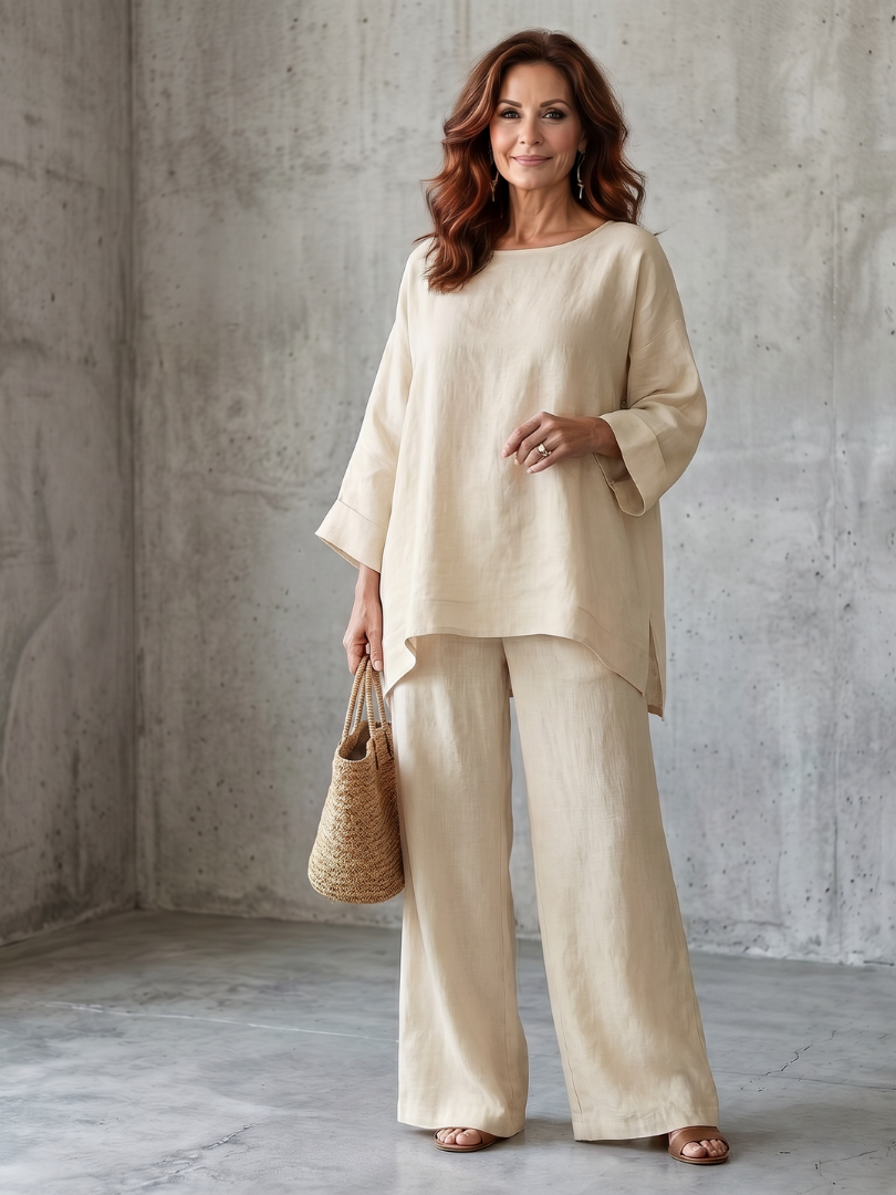 Round Neck Oversized Tunic and Wide Leg Pants Two Piece Set 4