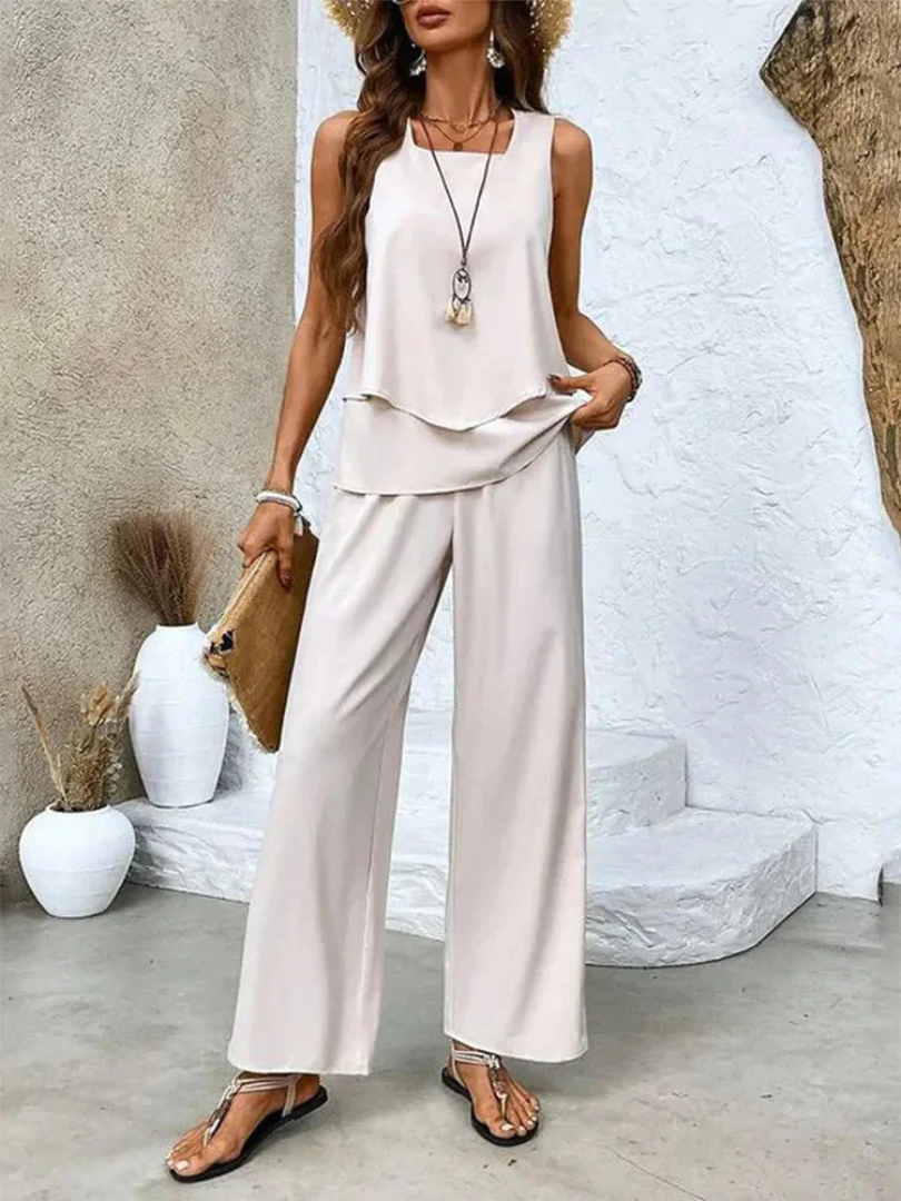 Sleeveless Layered Top and Floral Wide Leg Pants Two Piece Set 6