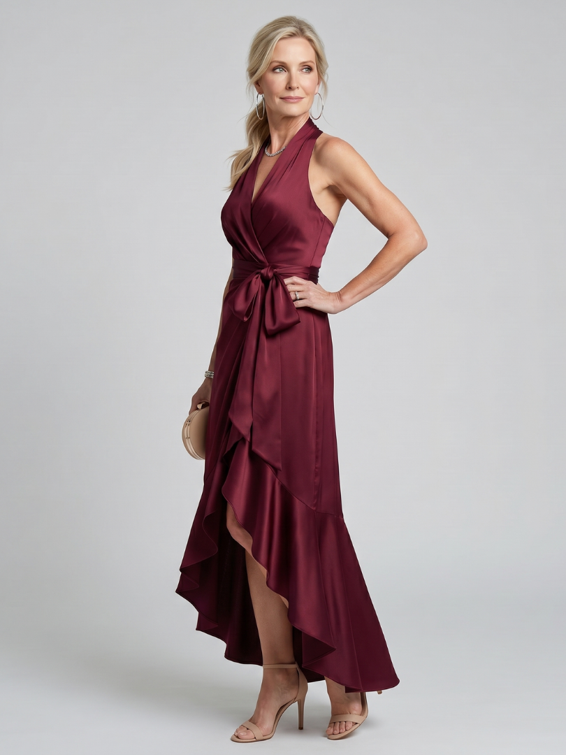 Satin Halter Neck Wrap Ruffle High Low Maxi Dress 4