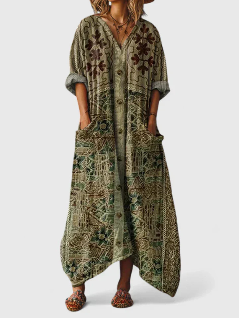 Abstract Print V-Neck Roll Sleeve Kaftan Maxi Dress 5
