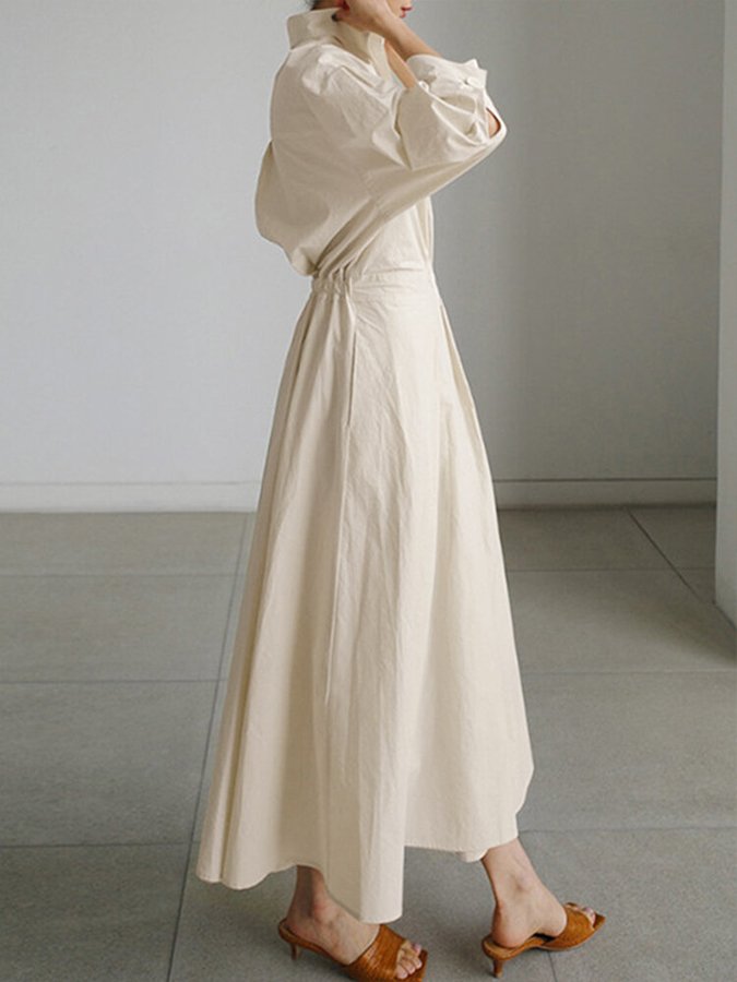 Collared Long Sleeve Pleated Waist A-Line Maxi Shirt Dress 3