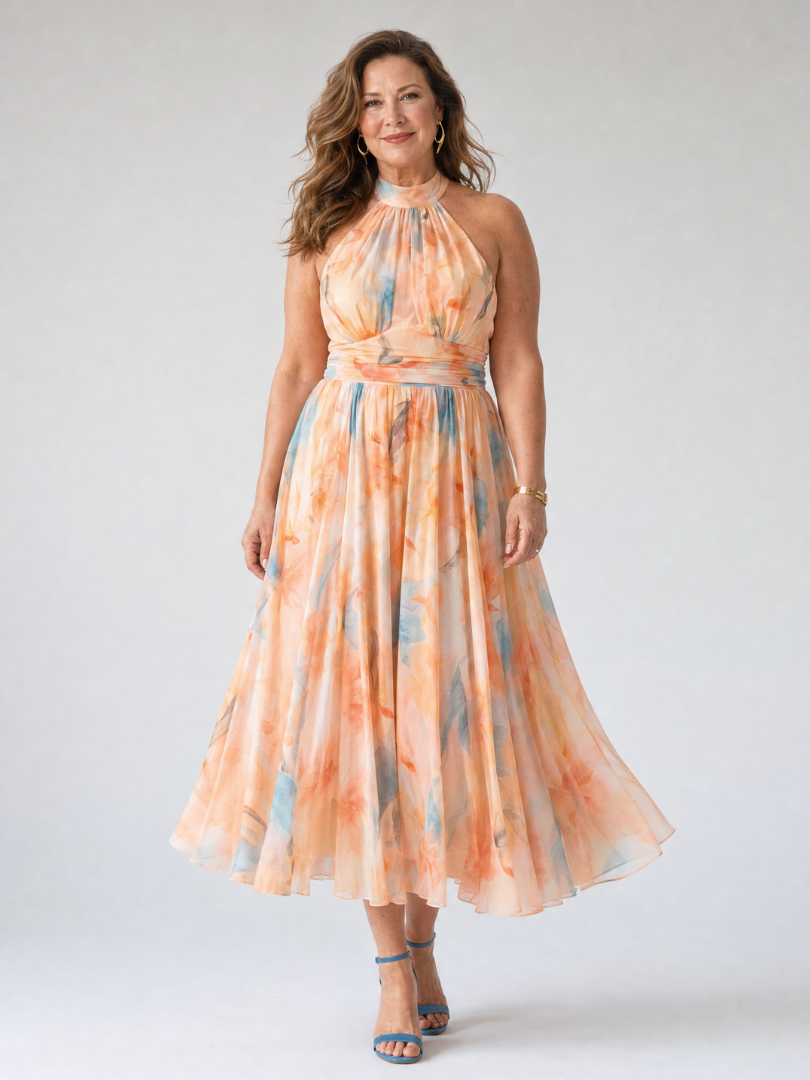 Watercolor Floral Halter Neck Pleated Midi Dress 5