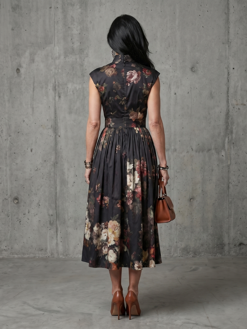 Floral Print Mock Neck Keyhole Sleeveless Belted Midi Dress 5