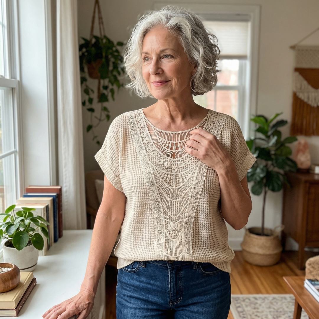 Crochet Lace Panel Short Sleeve Knit Top 2