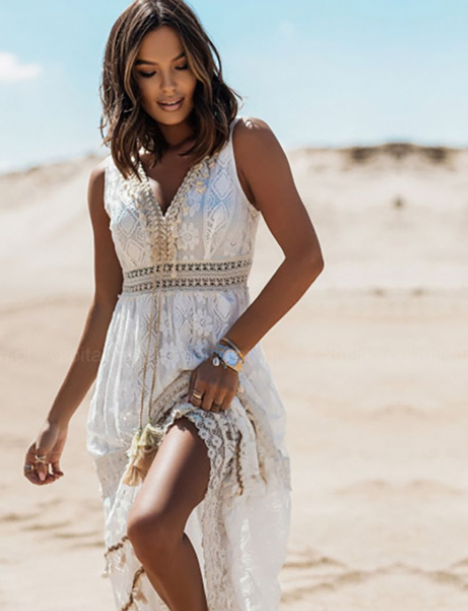 Lace Deep V-Neck Crochet Trim Empire Waist Tiered Maxi Dress