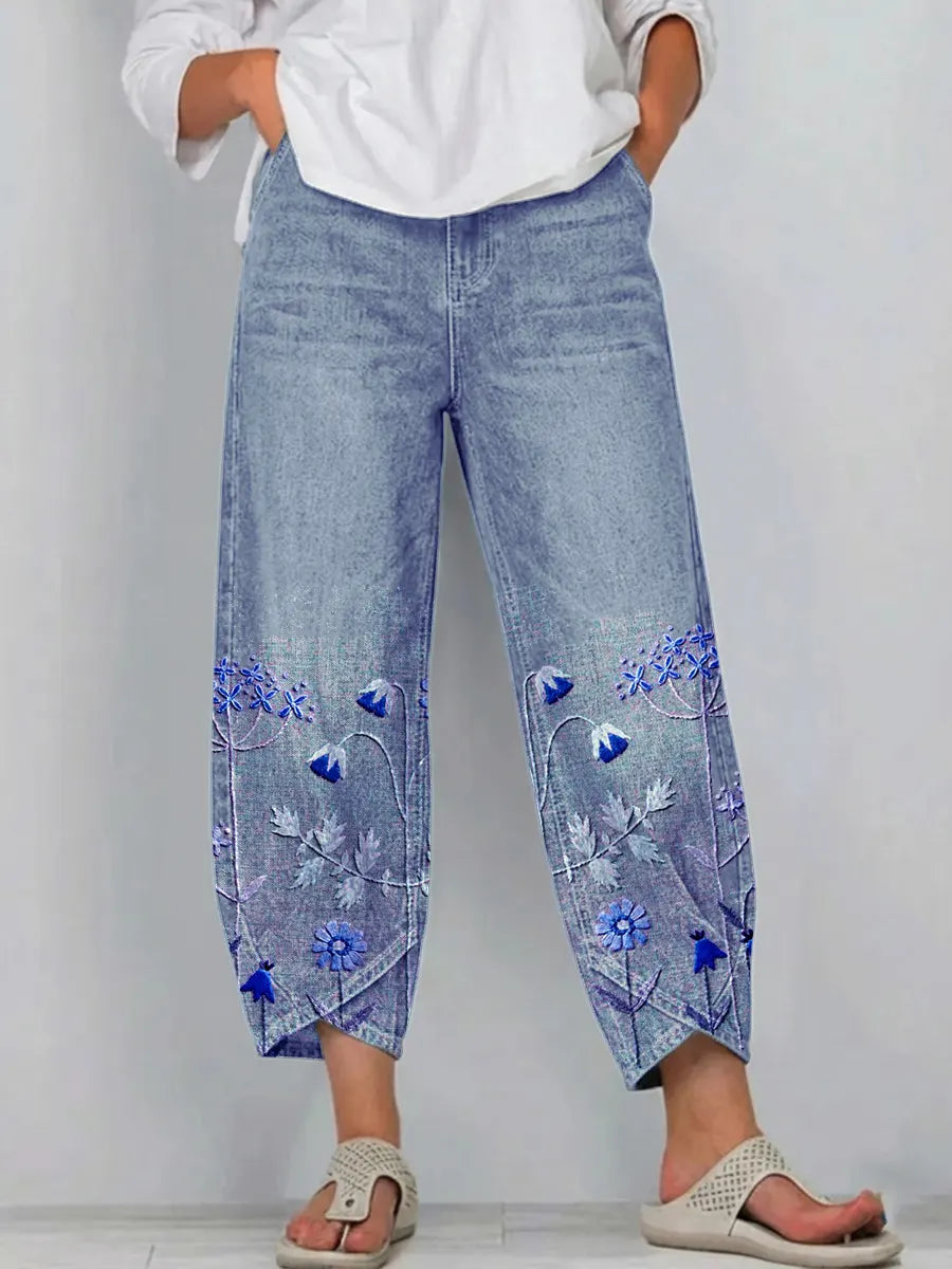 Floral Embroidered Wide Leg Cropped Denim Trousers 4
