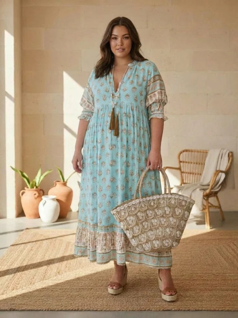 Floral Print V-Neck Bell Sleeve Tiered Boho Maxi Dress 5