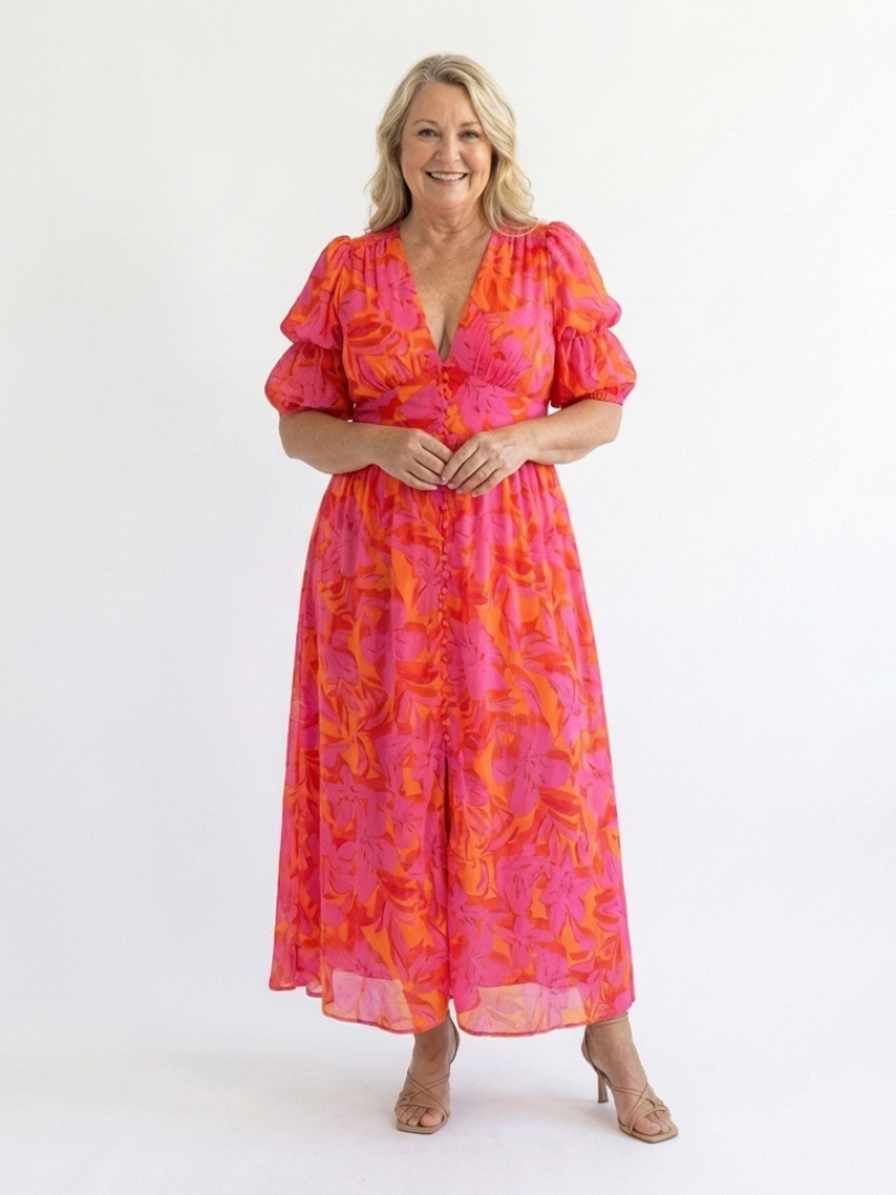 Floral V-Neck Puff Sleeve Button Front Midi Dress 6