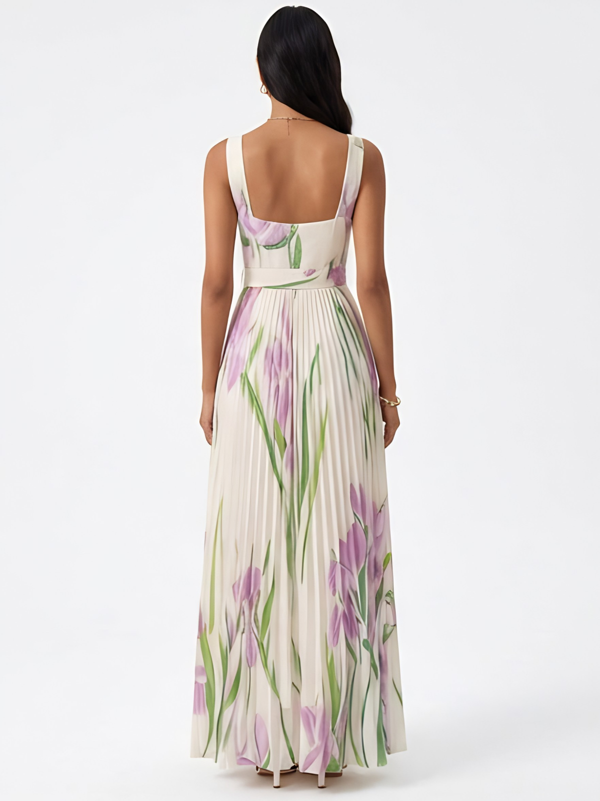 Floral Print Square Neck Belted Pleated Maxi Dress 5