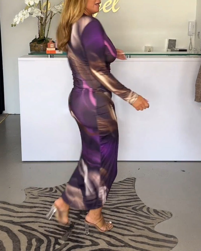 Marble Print Wrap V-Neck Long Sleeve Ruched Wrap Slit Midi Dress - View 4