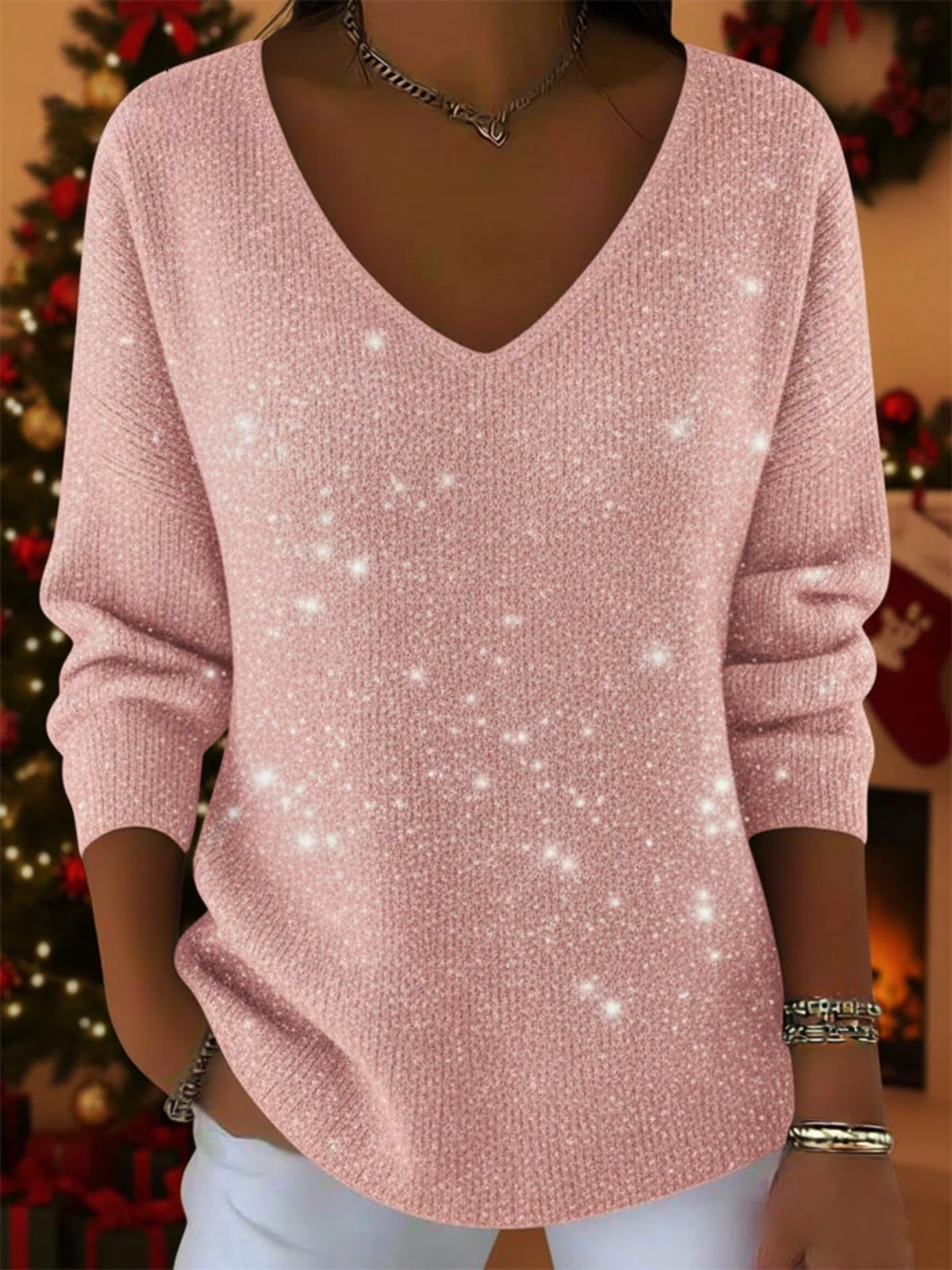 V-Neck Long Sleeve Glitter Knit Sweater 5