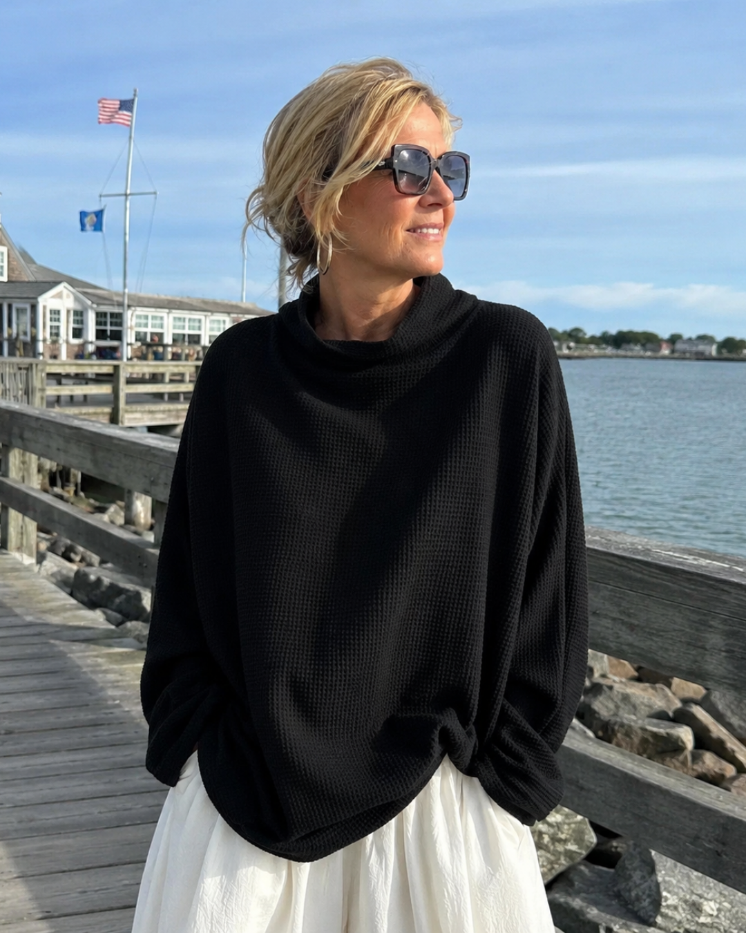 Waffle Knit Cowl Neck Oversized Long Sleeve Sweater 2