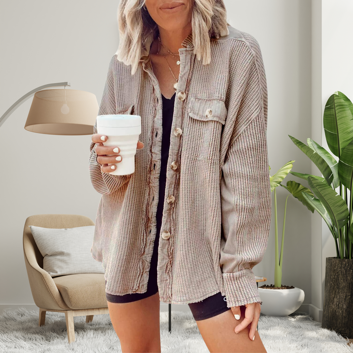 Waffle Knit Drop Shoulder Button Down Shacket 4