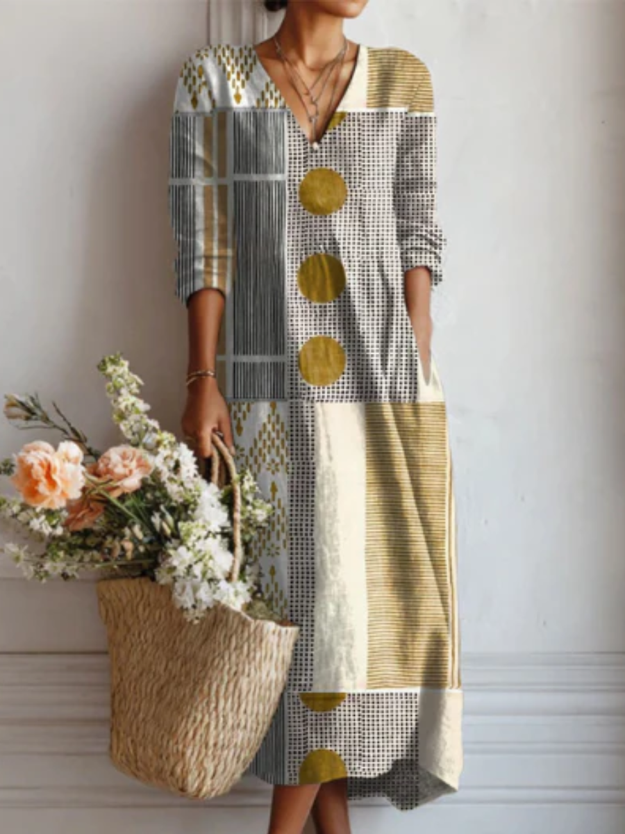 Geometric Print V-Neck Long Sleeve Button Front Midi Dress